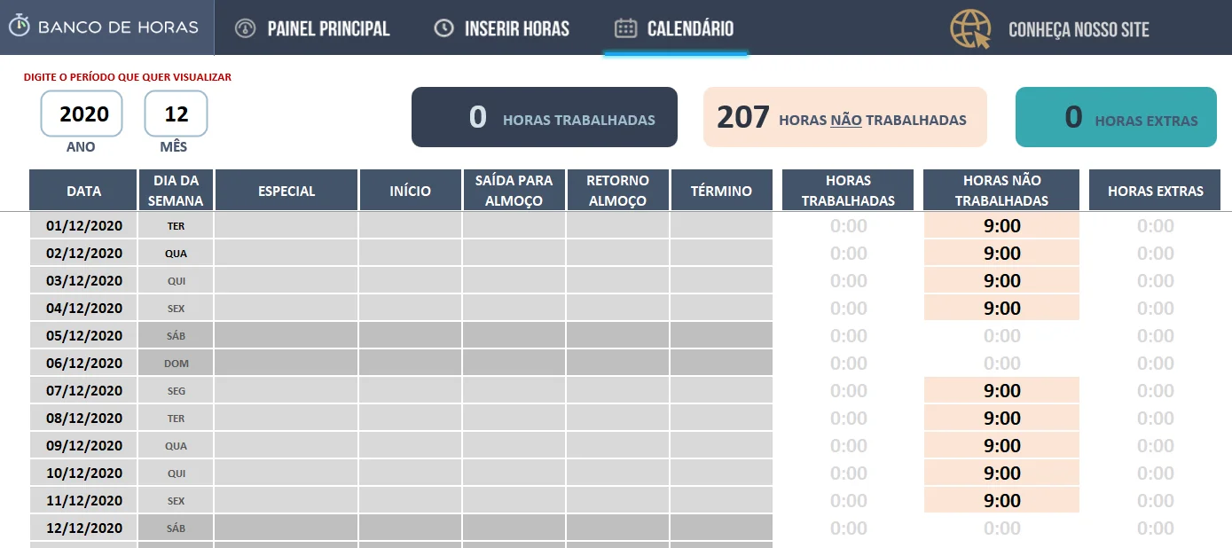 Aba calendário mostrando as horas lançadas no mês