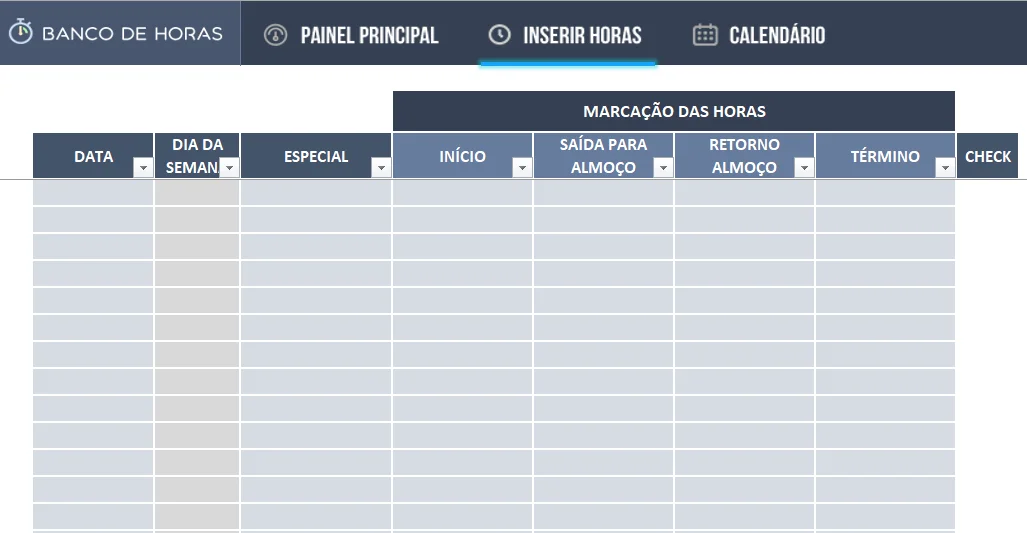Aba de horas para inserir os horários trabalhados no dia