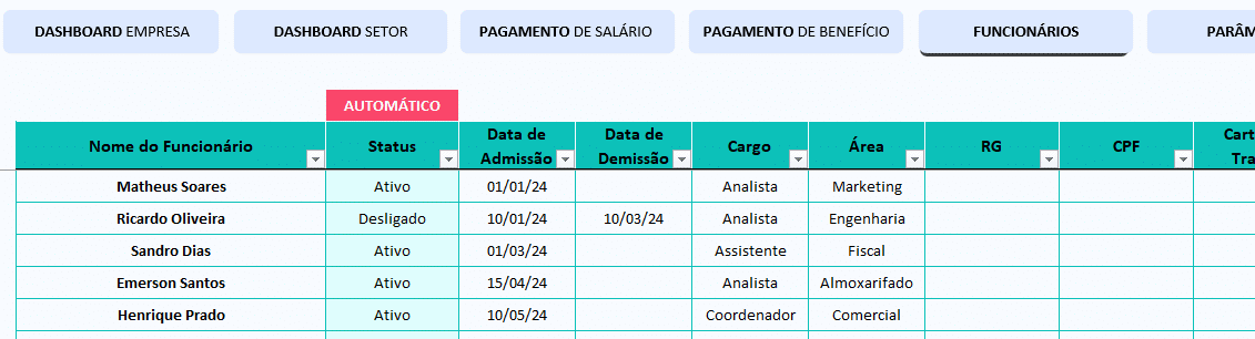 Tela de cadastro do funcionário