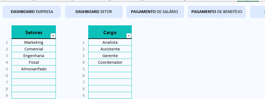 Cadastro de setor e cargo nos parâmetros