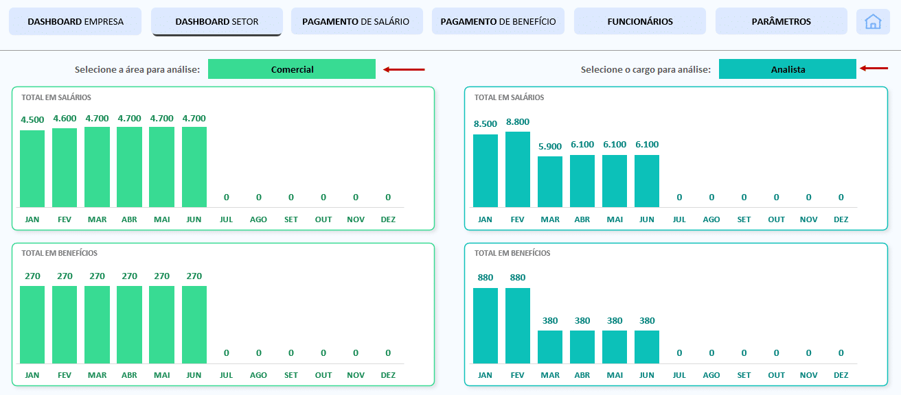 Dashboard por área ou cargo do funcionário