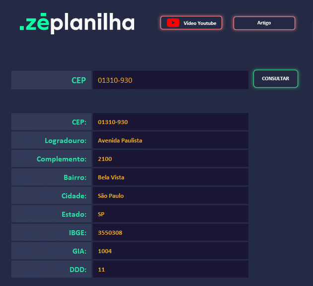 Planilha de consulta de CEP no Excel mostrando o endereço retornado