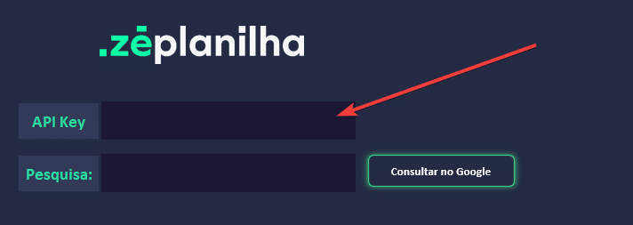 Campo para inserir a API key da ZenSERP na planilha