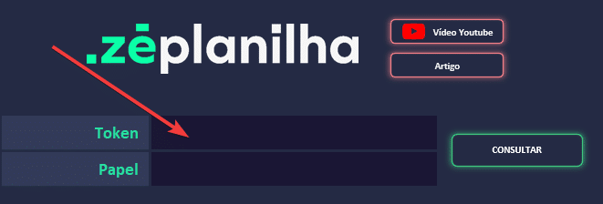 Campo para inserir o token da BRAPI na planilha