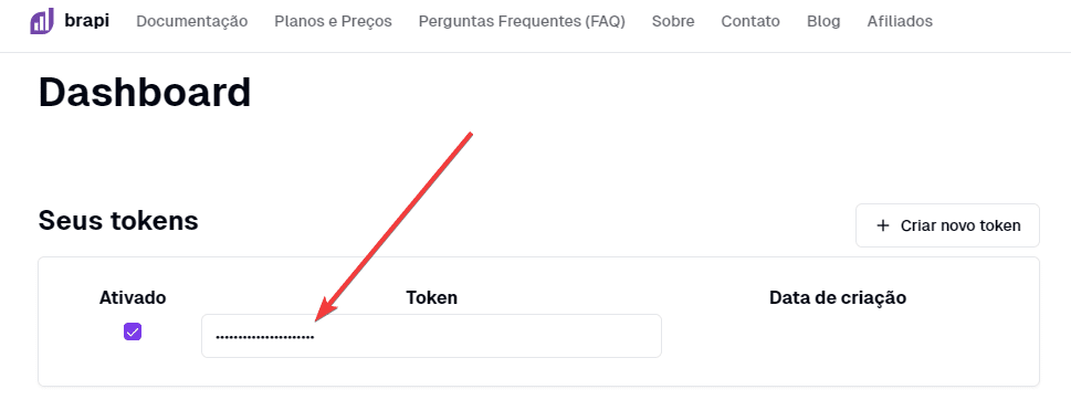 Geração do token de acesso no site da BRAPI