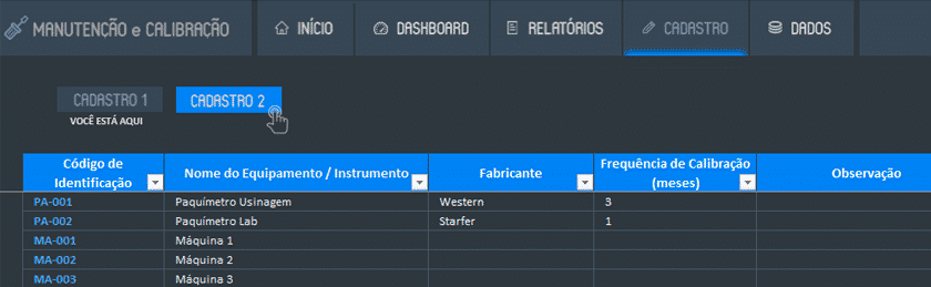 Cadastro de equipamentos na planilha de controle de manutenção