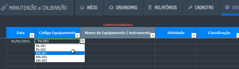 Lançamento de eventos de manutenção e calibração na planilha