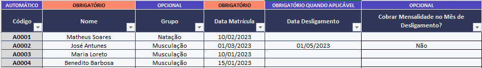 Aba de cadastro de alunos da planilha de controle de mensalidade