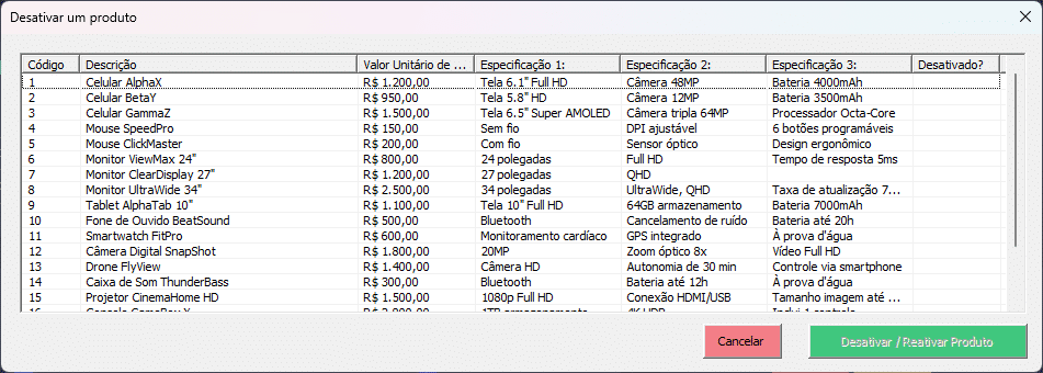 Cadastro de produtos com especificações