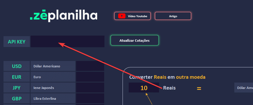 Campo para inserir o token da API na planilha de moedas