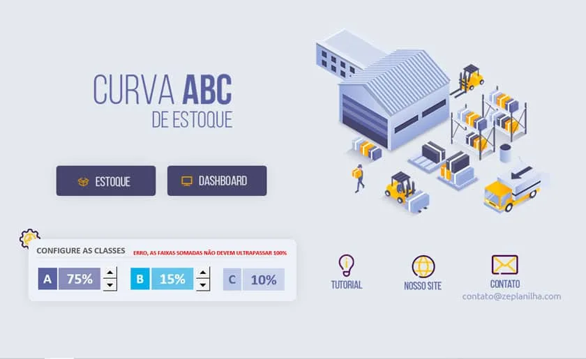 Planilha de curva ABC preenchida com os itens de estoque e a classificação atualizada