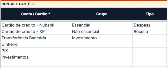 Aba de configurações da planilha de gastos com contas, cartões, grupos e tipos