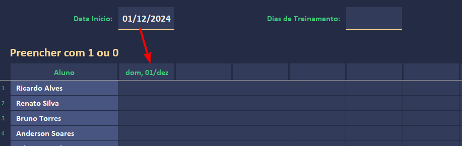 Campo para informar a data de início do treinamento