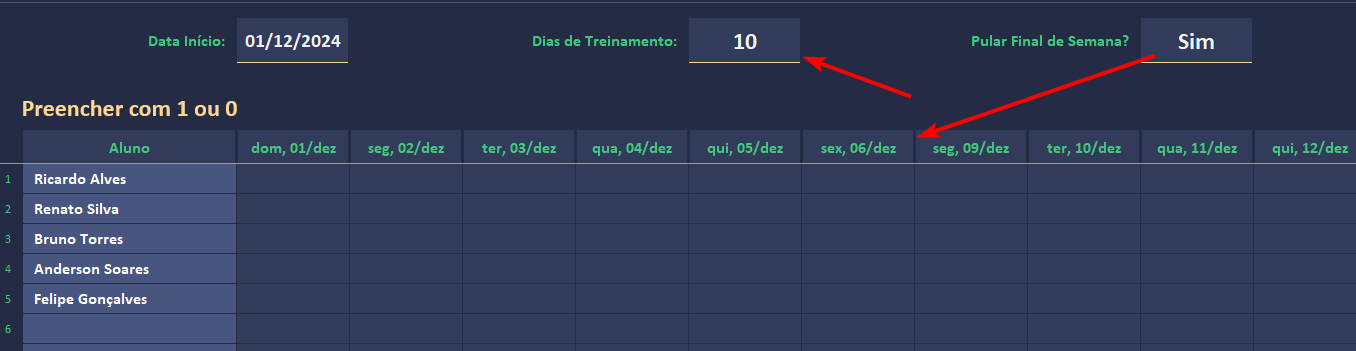 Definição dos dias de treinamento