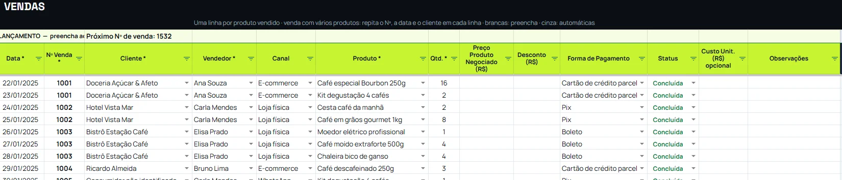 Aba de lançamento das vendas com data, número da venda, cliente, vendedor, canal, produto, quantidade, forma de pagamento e status