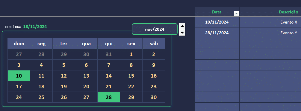 Calendário dinâmico do Excel com o mês atual em amarelo e os dias com evento marcados