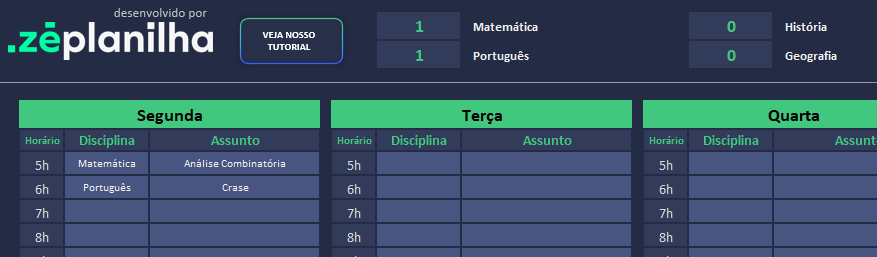 Soma automática de horas de estudo por disciplina no topo da grade