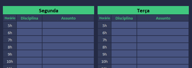 Grade semanal de estudos das 5h à meia-noite, de segunda a domingo