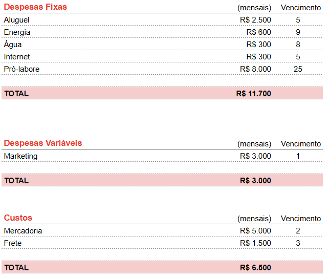 Tabela separando despesas fixas (aluguel, energia, prolabore), variáveis (marketing) e custos de mercadoria